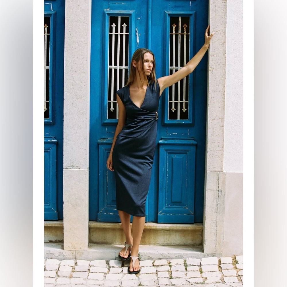 Zara NWT Elegant Navy Blue Wrap Dress